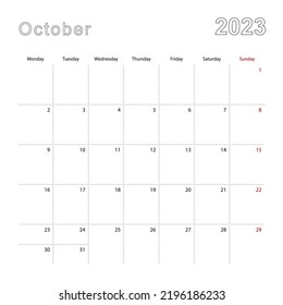 Simple Wall Calendar For October 2023 With Dotted Lines. The Calendar Is In English, Week Start From Monday. Vector Template.