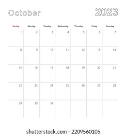 Simple wall calendar for October 2023 with dotted lines. The calendar is in English, week start from Sunday. Vector template.