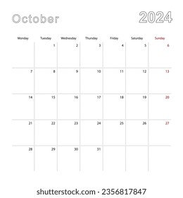 Simple wall calendar for October 2024 with dotted lines. The calendar is in English, week start from Monday. Vector template.
