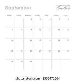 Simple wall calendar for September 2020 with dotted lines. The calendar is in English, week start from Monday. Vector template.