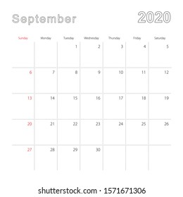 Simple wall calendar for September 2020 with dotted lines. The calendar is in English, week start from Sunday. Vector template.