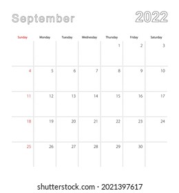 Simple wall calendar for September 2022 with dotted lines. The calendar is in English, week start from Sunday. Vector template.