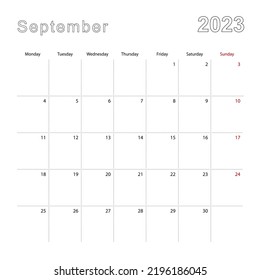 Simple Wall Calendar For September 2023 With Dotted Lines. The Calendar Is In English, Week Start From Monday. Vector Template.