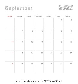 Simple wall calendar for September 2023 with dotted lines. The calendar is in English, week start from Sunday. Vector template.