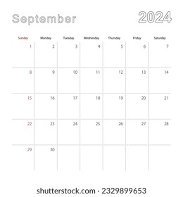 Simple wall calendar for September 2024 with dotted lines. The calendar is in English, week start from Sunday. Vector template.