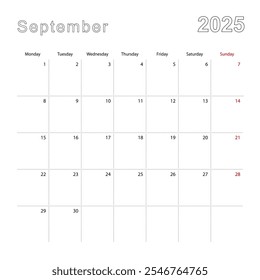 Calendario de pared simple para septiembre de 2025 con líneas de puntos. El calendario está en inglés, la semana comienza el lunes. Plantilla de Vector.
