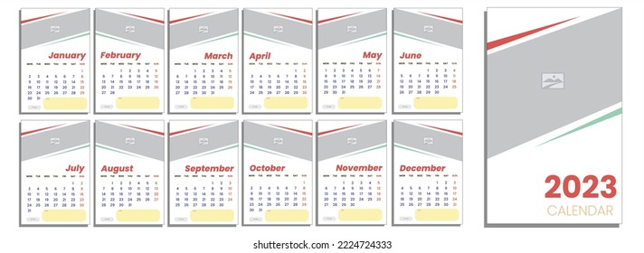 Calendario simple de pared mensual 2023. Diseño del calendario para 2023 año en inglés, plantillas de 12 meses ilustración del vector del calendario