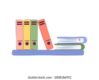 Simple estante de pared con carpetas coloridas y libros aislados en fondo blanco. Ilustración vectorial en estilo plano