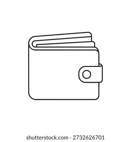 Ícone de carteira simples em estilo de linha limpa, ilustração vetorial mínima de um símbolo de carteira representando dinheiro, dinheiro, cartão de crédito e finanças pessoais. Ícone de carteira de contorno preto isolado no fundo branco, adequado para web, aplicativos móveis, design de UI e conceitos financeiros.
