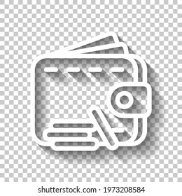 Simple wallet icon, place for money and cards. White linear icon with editable stroke and shadow on transparent background