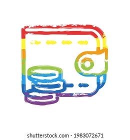 Simple wallet icon, place for money and cards. Drawing sign with LGBT style, seven colors of rainbow (red, orange, yellow, green, blue, indigo, violet