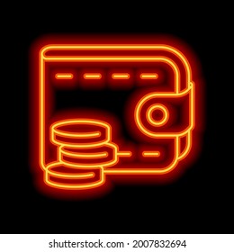 Simple wallet icon, place for money and cards. Orange neon style on black background. Light linear icon with editable stroke