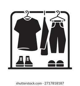 Uma ilustração simples do guarda-roupa com sapatos de roupas e cabides