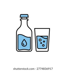 Simple water bottle and glass with droplets illustration Vector