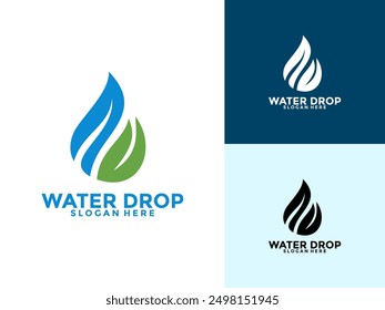 Gota de agua simple con el Vector del logotipo de la hoja, Plantilla del diseño del logotipo del agua de la Naturaleza