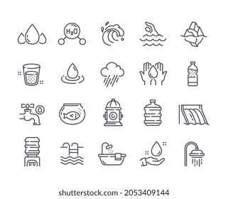 Simple water icons. Collection of minimalistic stickers with shower, bottle, aquarium and cooler. Design elements for websites and applications. Cartoon flat vector set isolated on white background