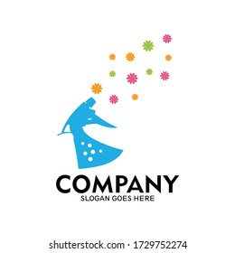 Simple water spray bottle design logo and spray the scent of flowers, Cleaning tool logo template, Symbol cleaning equipment icon