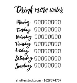 Simple water tracker with 8 glasses every day of week. Black handwritten text, printable journal page