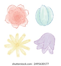 Simple watercolor flower. Cute hand painted spring flower set. Hand drawn watercolor illustration of colorful flower.