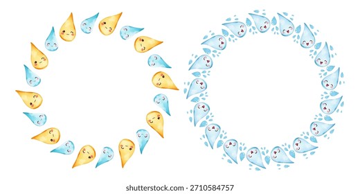 Un marco redondo de acuarela simple de gotas de agua lindas dispuestas en un marco redondo. aislado en un fondo blanco, perfecto para tarjetas de felicitación e impresiones.