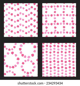 Simple watercolor shapes seamless patterns. Set of 4 vector backgrounds with dots.