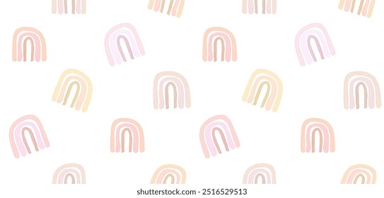 Padrão sem emenda de vetor de aquarela simples com arcos-íris rosa abstrato. Encantadora impressão de viveiro com Pastel cor arcos-íris isolados em um fundo branco. Engraçado estilo infantil Boho padrão para crianças. RGB