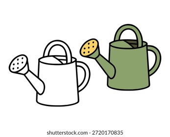 Ilustración simple de la lata de riego con una versión coloreada y una versión de contorno, estilo limpio y mínimo adecuado para iconos, diseño de interfaz de usuario, pegatinas, gráficos de jardinería y materiales educativos.