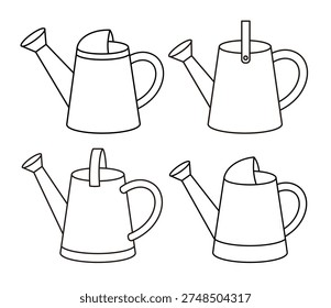 Simple watering can line art vector illustration.
Garden watering can outline coloring page set.
Outdoor watering can linear clipart collection.
