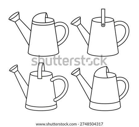 Simple watering can line art vector illustration.
Garden watering can outline coloring page set.
Outdoor watering can linear clipart collection.
