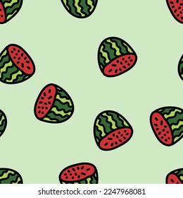 Simple watermelon fruit illustration in seamless pattern for fabric, cloth, gift paper, or any purpose. Watermelon seamless pattern in soft-green background.