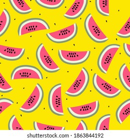 Simple watermelon pattern. Ripe pieces of watermelon . Yellow background. Vector texture. Fashionable bright print for Wallpaper and textiles.