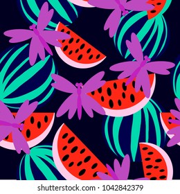 Simple watermelon seamless pattern on dark  backgroundwith dragonfly. Element for your dsigns, decorations, wallpaper, print, backdrop, wrapping paper, textile print.