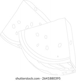 Simple watermelon slice outline, line art fruit drawing, black and white sketch, perfect for summer, kids coloring books, food icons, and minimal fruit designs.