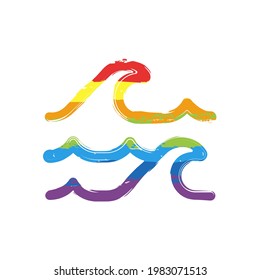 Simple wave icon, sea or ocean, abstract business logo. Drawing sign with LGBT style, seven colors of rainbow (red, orange, yellow, green, blue, indigo, violet