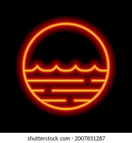 Simple wave icon, sea or ocean, abstract business logo. Orange neon style on black background. Light linear icon with editable stroke