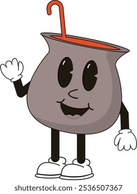 simple waving cute cauldron halloween mascot illustration with funny pose and expression