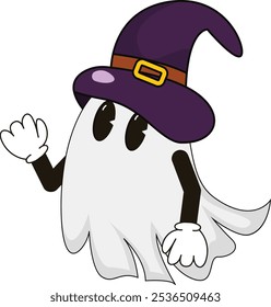 simple waving ghost witch halloween mascot illustration with funny pose and expression