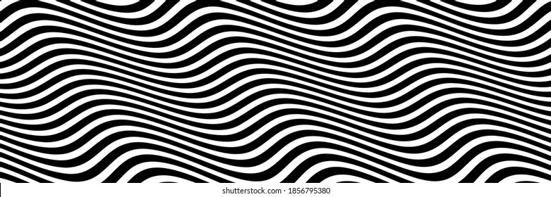 Sencillo fondo ondulado. Ilustración vectorial del patrón rayado con ilusión óptica, op art. Banner horizontal largo