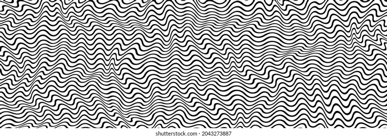 Simple wavy background. Vector illustration of striped pattern with optical illusion, op art. Long horizontal banner.