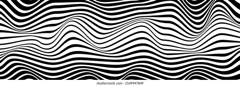 Simple wavy background. Vector illustration of stripes with optical illusion, op art. Long horizontal banner.