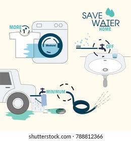 Simple ways to save water at home. Vector illustration.