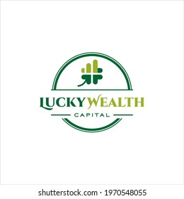 Simple Wealth Logo with Clover Leaf, Vector for Good Luck Symbol in Vintage Emblem Style Template