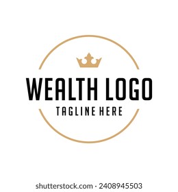 Simple Wealth Logo Design with Crown and Circle Frame. Vector illustration