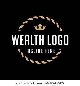 Simple Wealth Logo Design with Crown and Circle Frame. Vector illustration