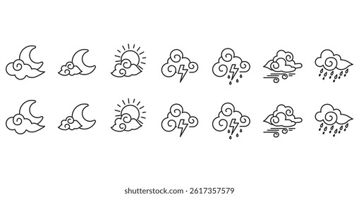 Simple Weather. Weather editable stroke icons set isolated on transparent background line vector illustration. Weather icons, moon, sun, stars, clouds, wind and storm. Stock vector. Eps 10. Icon set