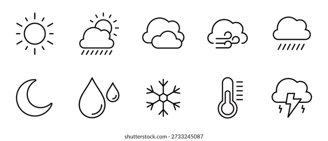 simple weather forecast icon line set. Day and night weather temperature, rain, cloudy, wind, storm, snow, warm and cold element sign vector outline illustration
