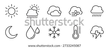 simple weather forecast icon line set. Day and night weather temperature, rain, cloudy, wind, storm, snow, warm and cold element sign vector outline illustration