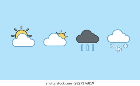 Simple weather forecast icon set displaying sunny clouds, sun behind cloud, dark rain cloud, and snowy cloud.