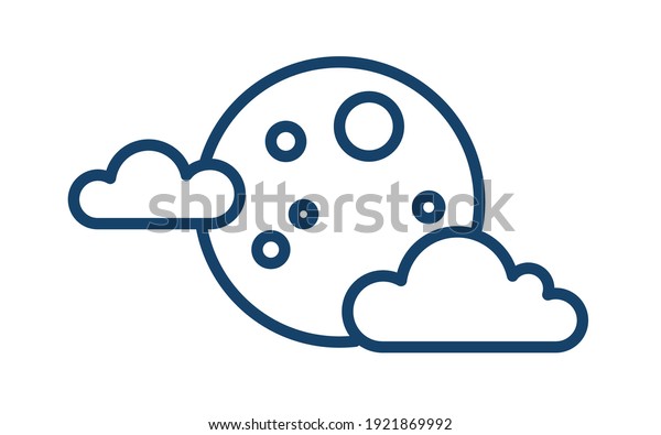 Simple weather icon with full moon with\
clouds. Symbol of cloudy night in line art style. Linear flat\
vector illustration isolated on white\
background