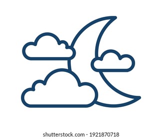 Einfaches Wettersymbol mit Halbmond oder abnehmendem Halbmond mit Wolken. Symbol der bewölkten Nacht im Kunststil. Lineare flache Vektorgrafik einzeln auf weißem Hintergrund